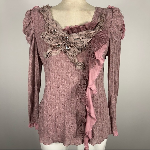 Pretty angel linen blend Elegant Pink Ruffled Women's Top S - Picture 1 of 10